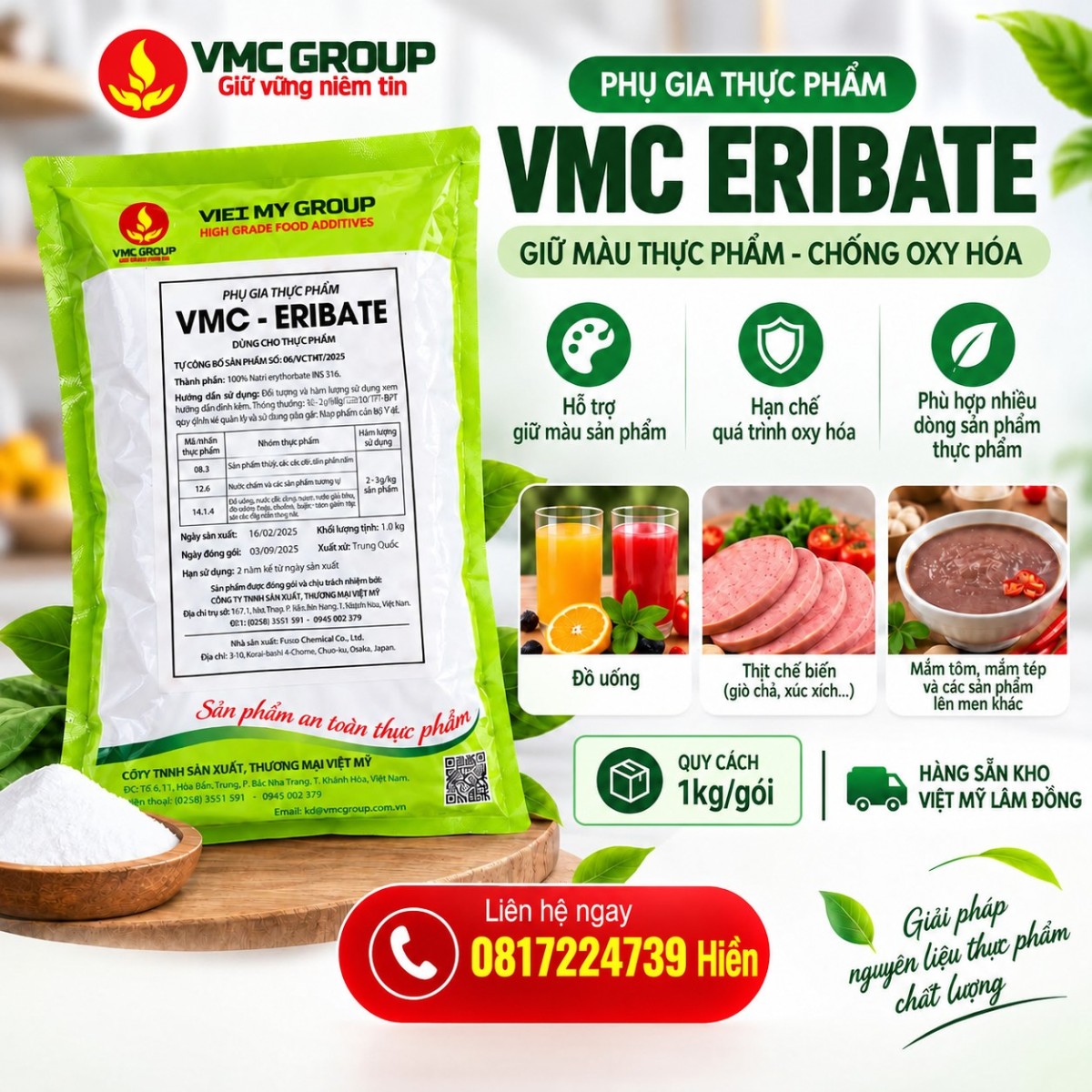 PHỤ GIA CHẤT GIỮ MÀU THỰC PHẨM VMC ERIBATE - HCQN - Ảnh 2